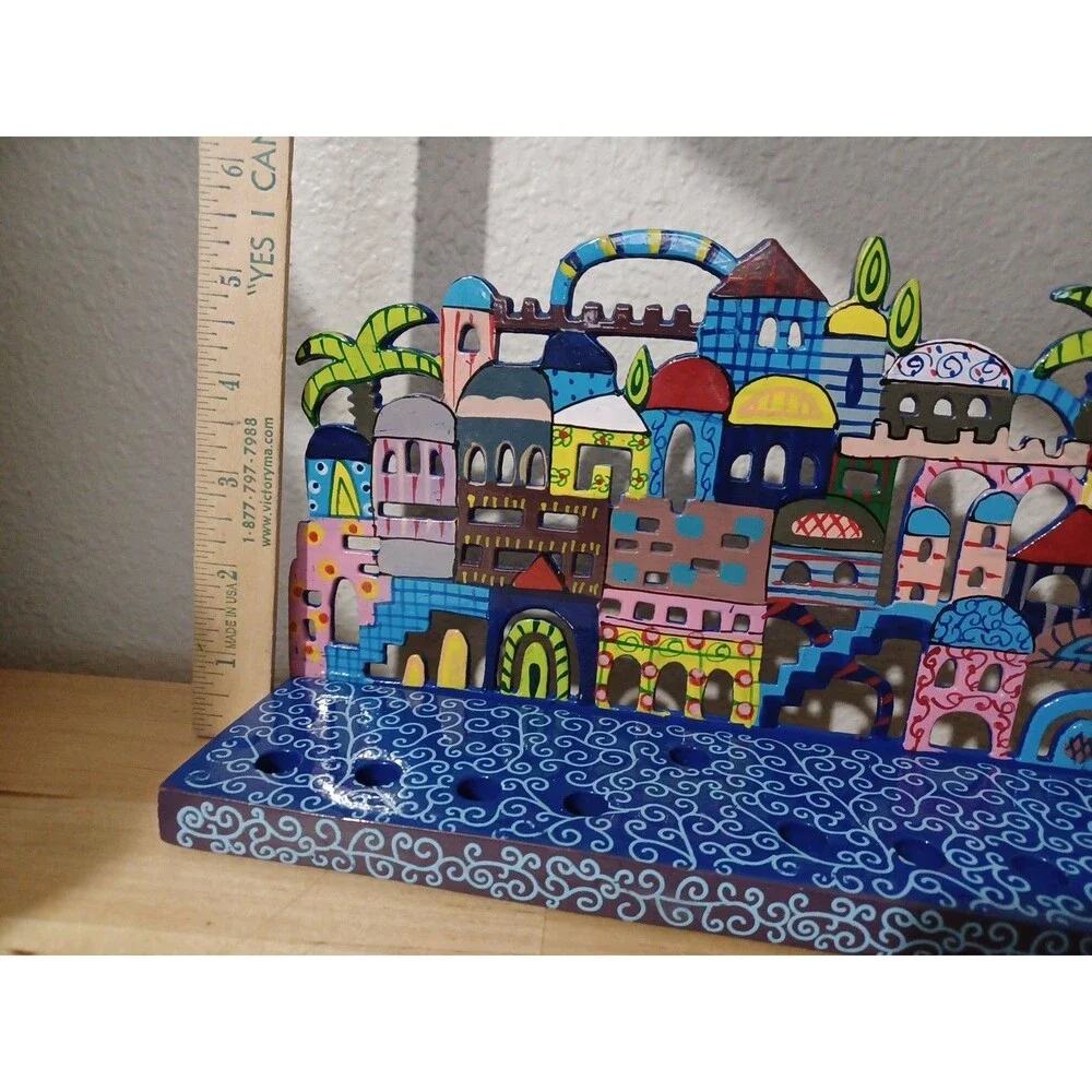 Laser Cut Hand Painted Hanukkah Jewish Menorah Jerusalem Chanukah Yair Emanuel